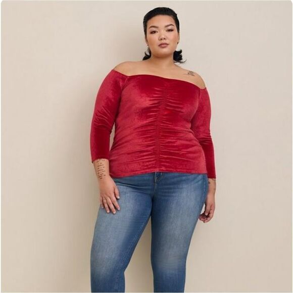 Torrid Stretch Velvet Shirred Front Off The Shoulder Top - Picture 1 of 5
